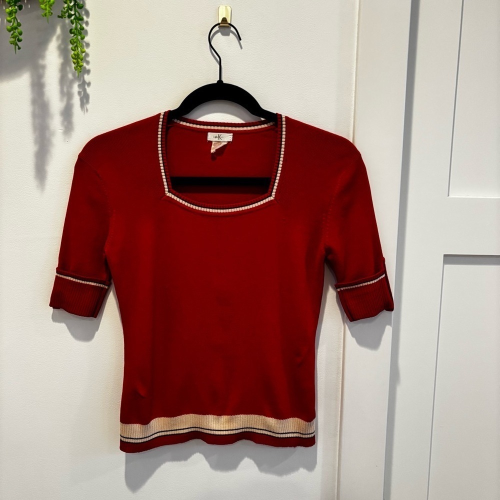 Anne Klein Vintage 90's Red Square Neck Knit Women's Top Cream Black Stripe M